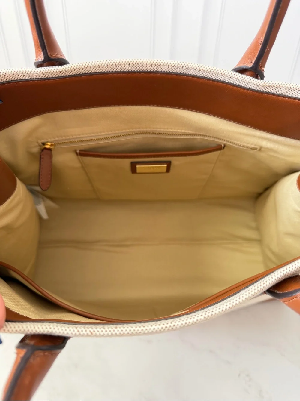 Lauren Ralph Lauren Canvas Leather Large Tote Bag Tan Brown NWT $325